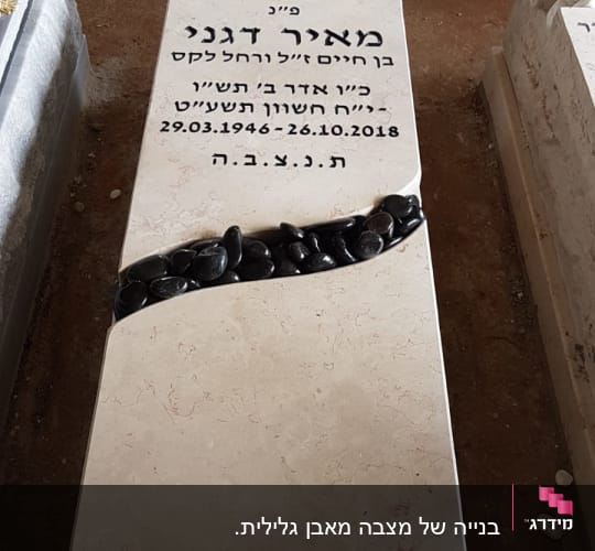 מצבה עם כיתוב בעברית ואבנים שחורות